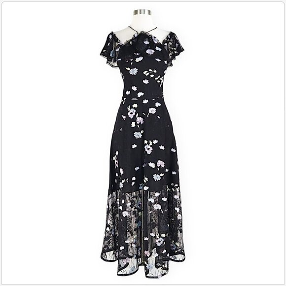 Monique Lhuillier Black Lace Embroidered Mesh Cold Shoulder Midi Dress NWT New 2 - Picture 3 of 9